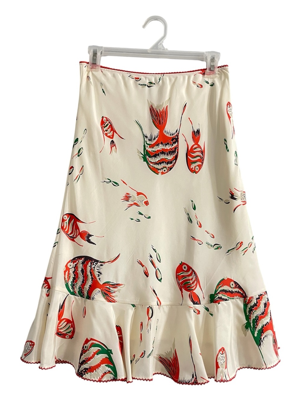 Anthropologie Odille Cream silk Fish-Print Ruffle Hem Skirt midi whimsical Sz XS